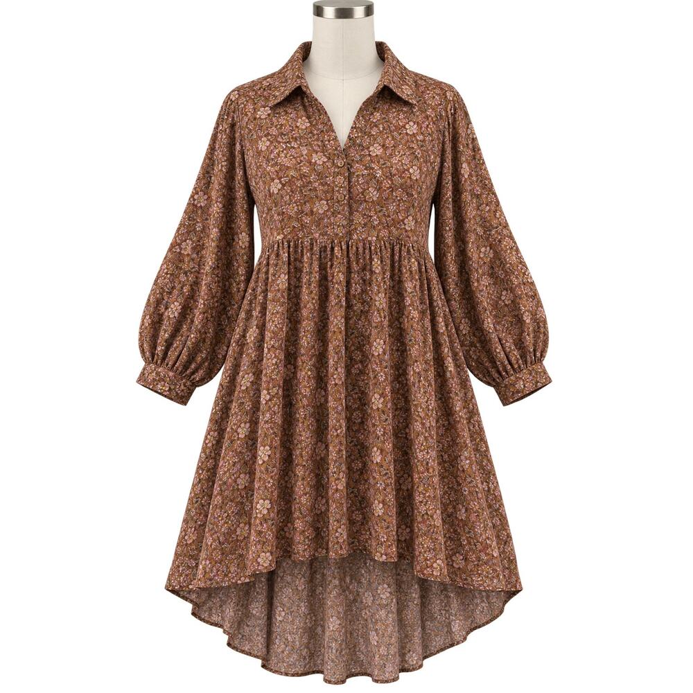 Umgee Brown Ditsy Floral Boho High Low Babydoll Shirt Dress  - Size S